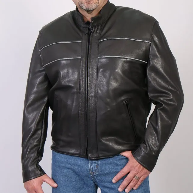 Men's USA Made Premium Leather Motorcycle Jacket with Reflective Piping, JKM5003-HL