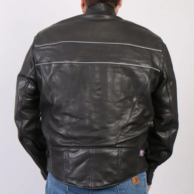 Men's USA Made Premium Leather Motorcycle Jacket with Reflective Piping, JKM5003-HL