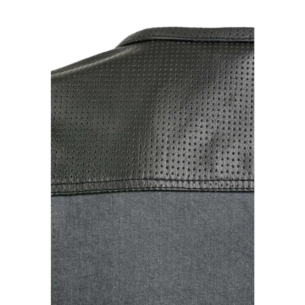 Milwaukee Leather MDM3005 Men's Brute Grey Denim w/ Black Perforated Leather Club Style Vest w/ Hidden Dual Closure