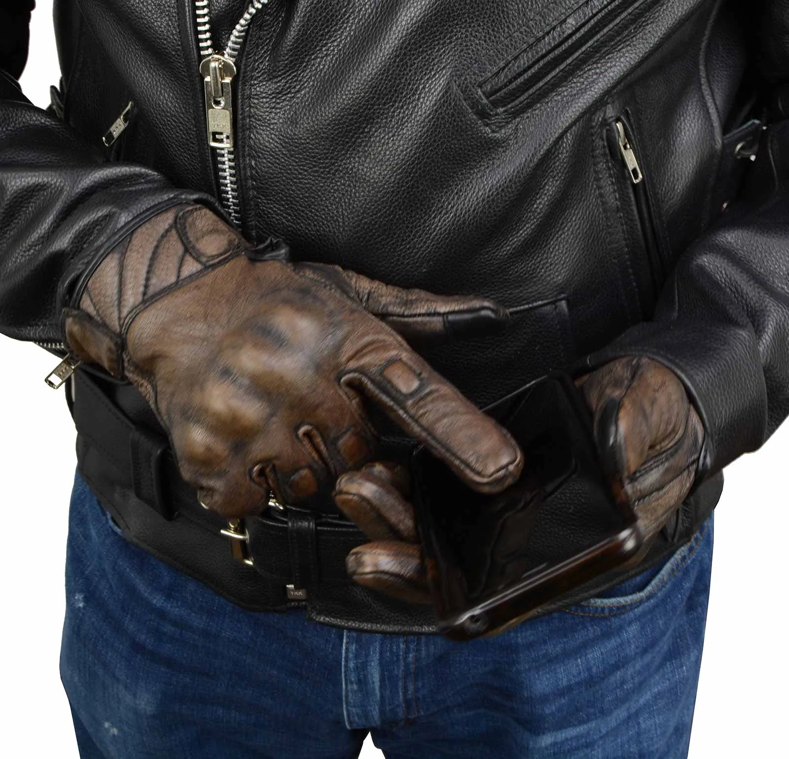 Milwaukee Leather MG7514 Men's Brown Leather i-Touch Screen Compatible Gel Palm Motorcycle Gloves W/ Protective Knuckle