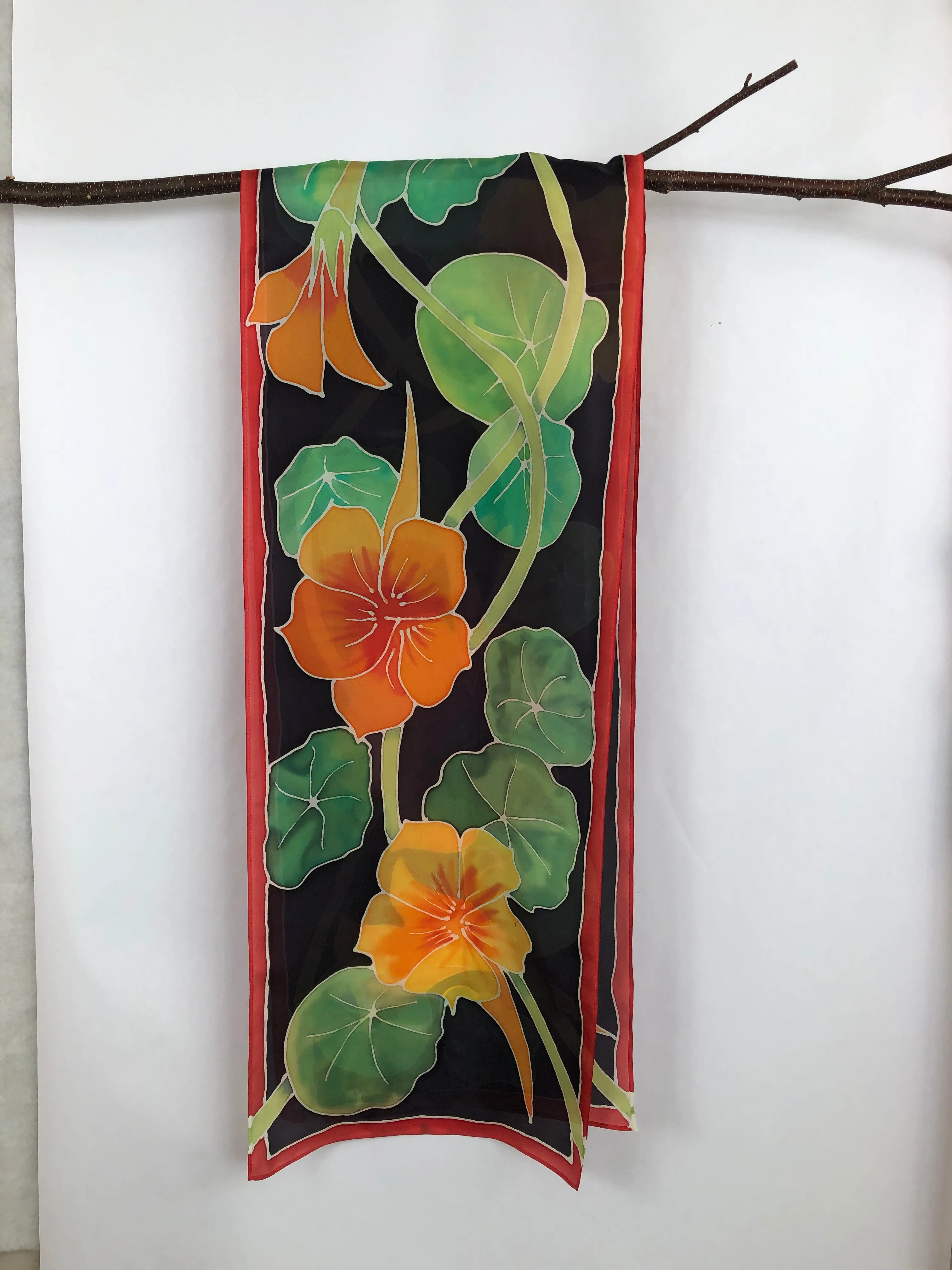 “Nasturtiums" - Hand-dyed Silk Scarf - $150