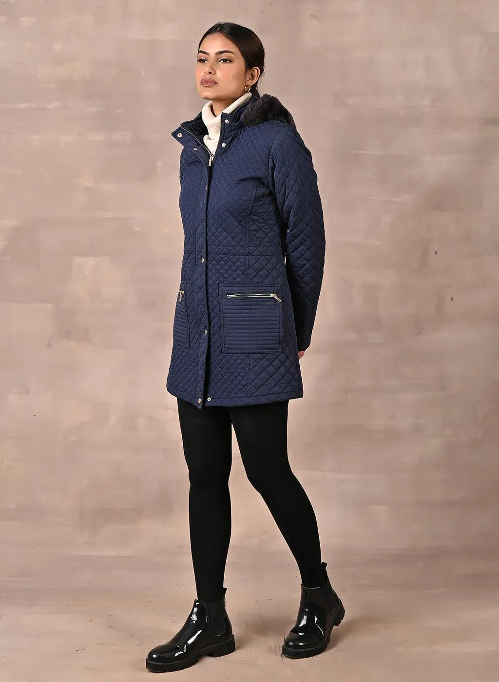 Navy Blue Quilted Jacket with attached Hood