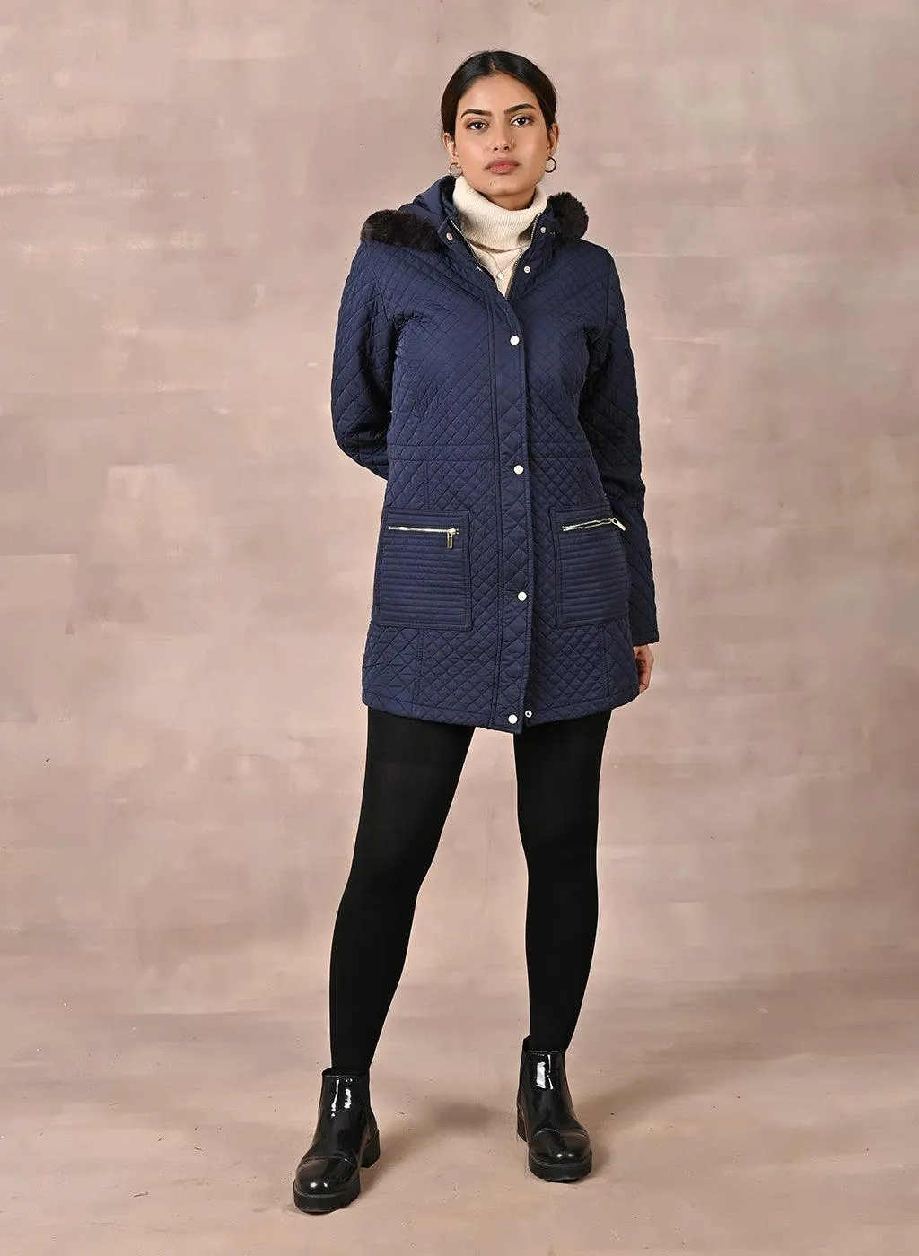 Navy Blue Quilted Jacket with attached Hood