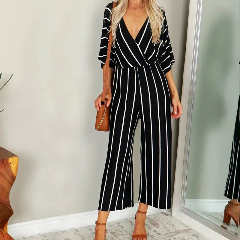 New European and American wide leg striped jumpsuit, fashionable design, showcasing personal charm