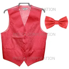 New Men's Formal Vest Tuxedo Waistcoat_bowtie paisley pattern wedding coral