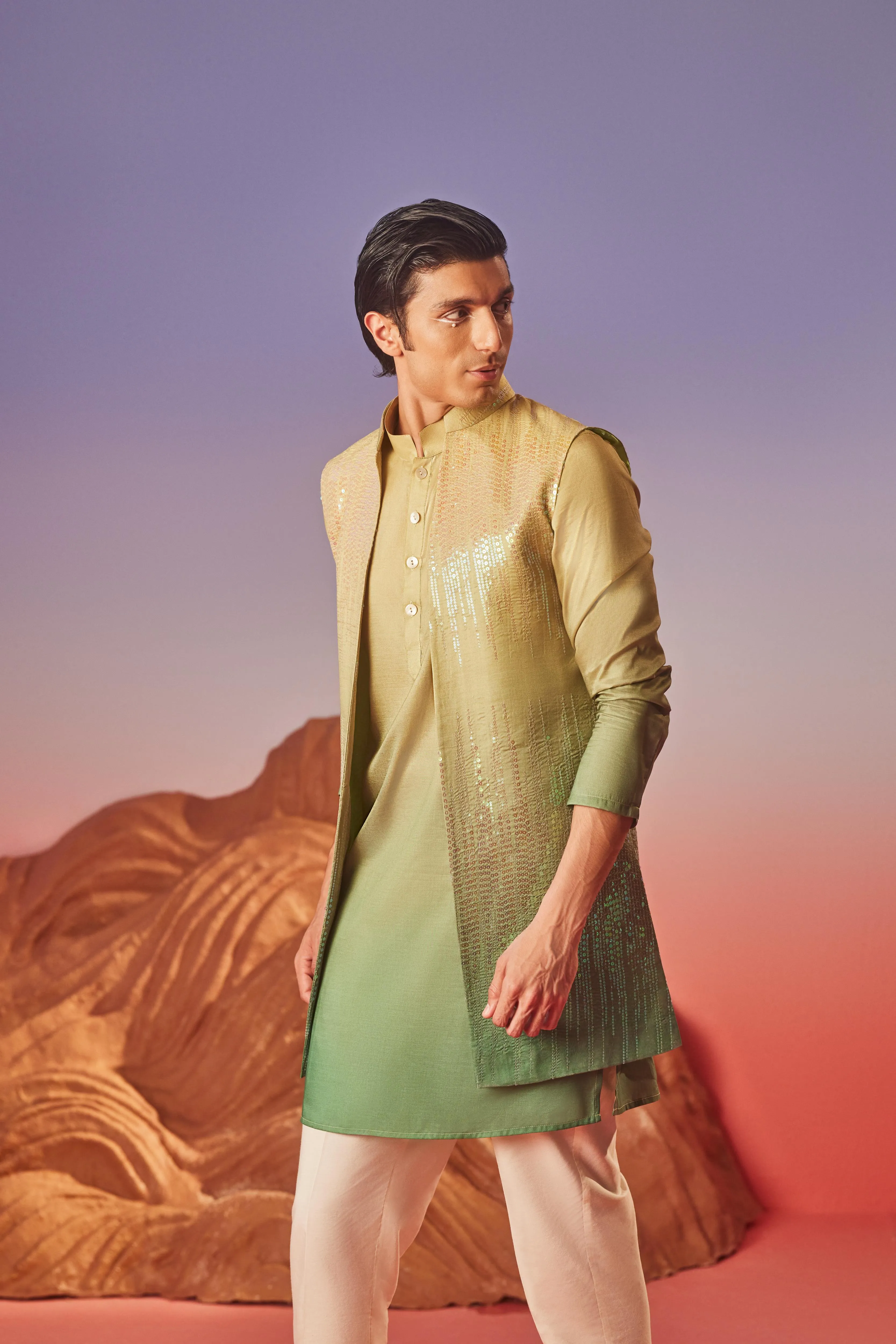 Noorani - Silk Embroidery Nehru Jacket Set