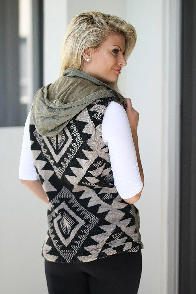 Olive Vest with Aztec Back