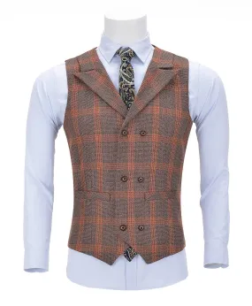 Orange Plaid Peak Lapel Waistcoat Casual Slim Fit Suit Vest