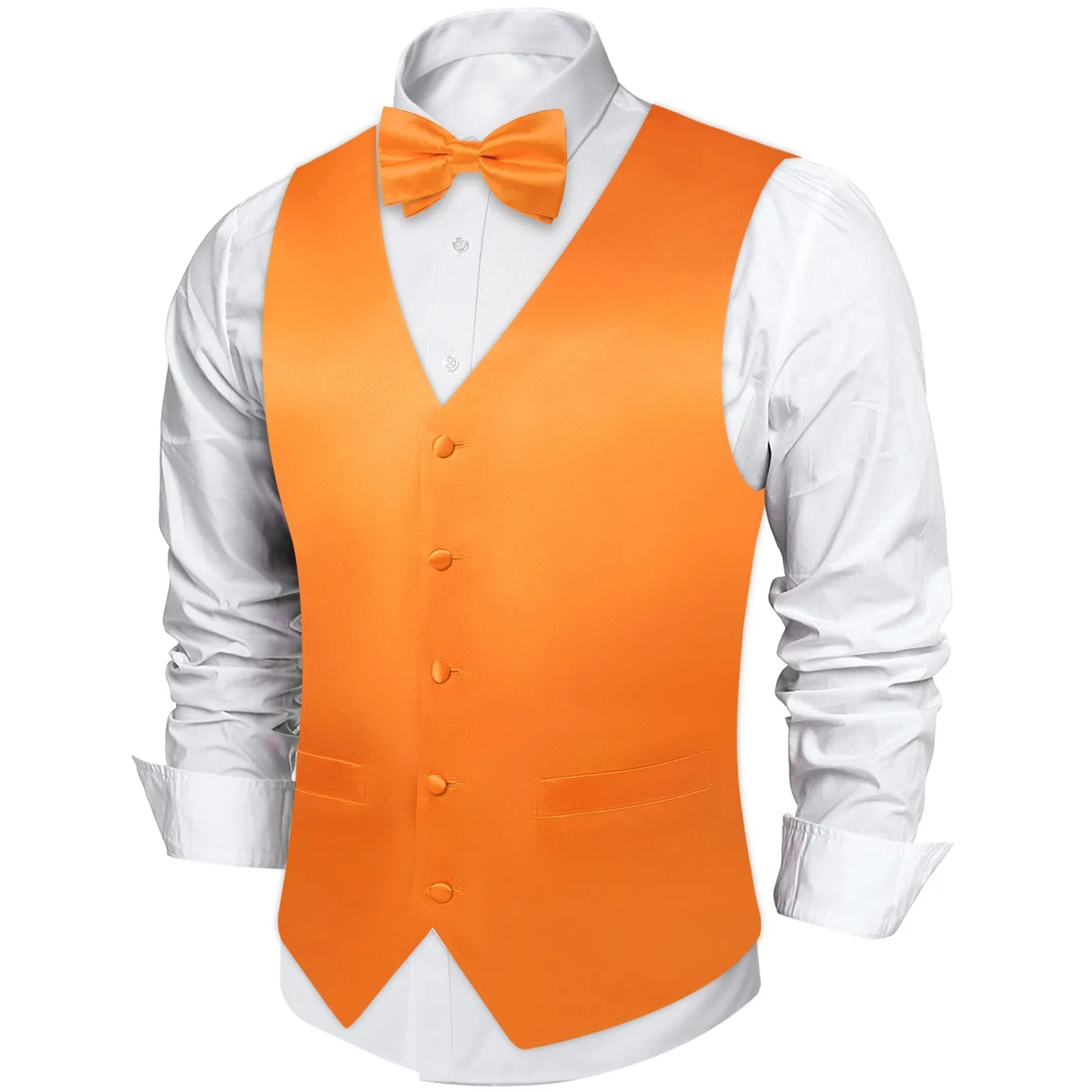 Orange Solid Silk Men's Vest Hanky Cufflinks Bow Tie Set