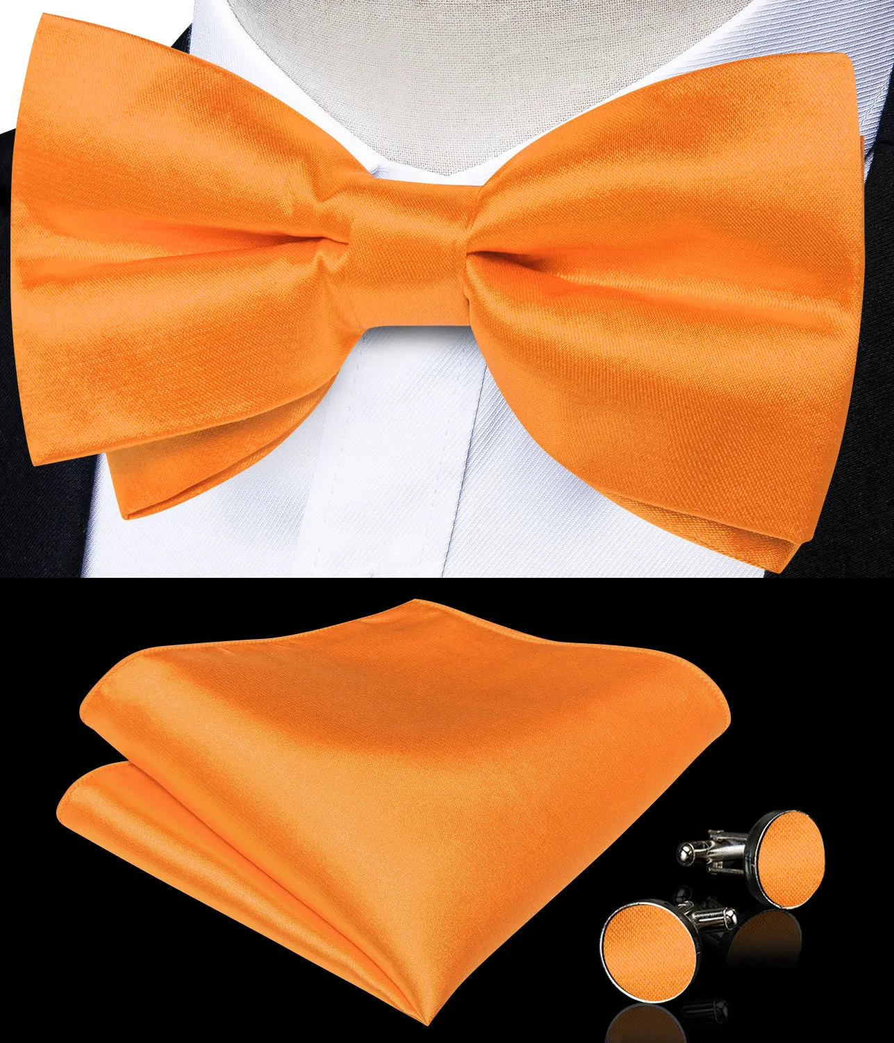 Orange Solid Silk Men's Vest Hanky Cufflinks Bow Tie Set