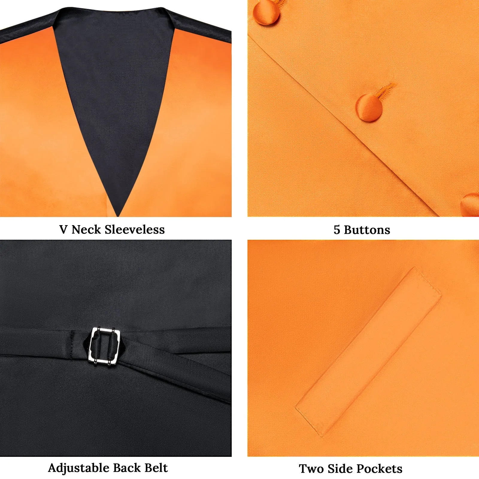 Orange Solid Silk Men's Vest Hanky Cufflinks Bow Tie Set