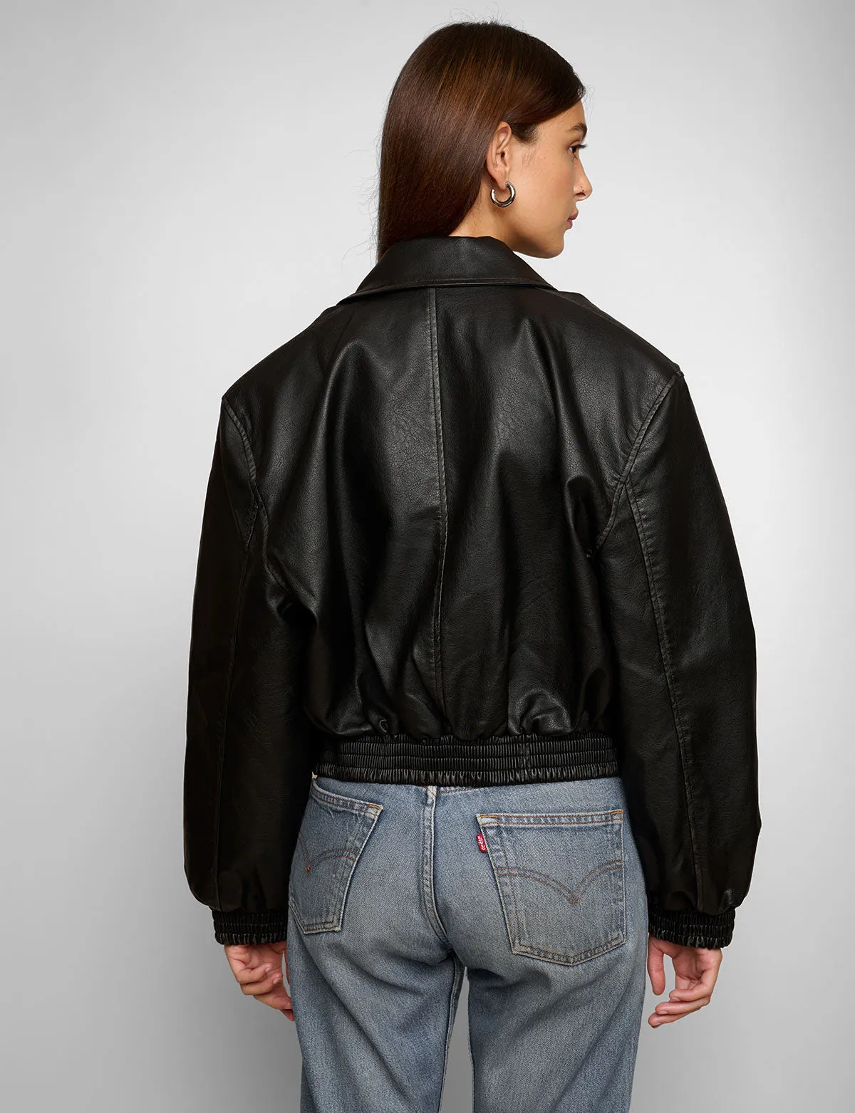 Padded Crop Black Leather Jacket