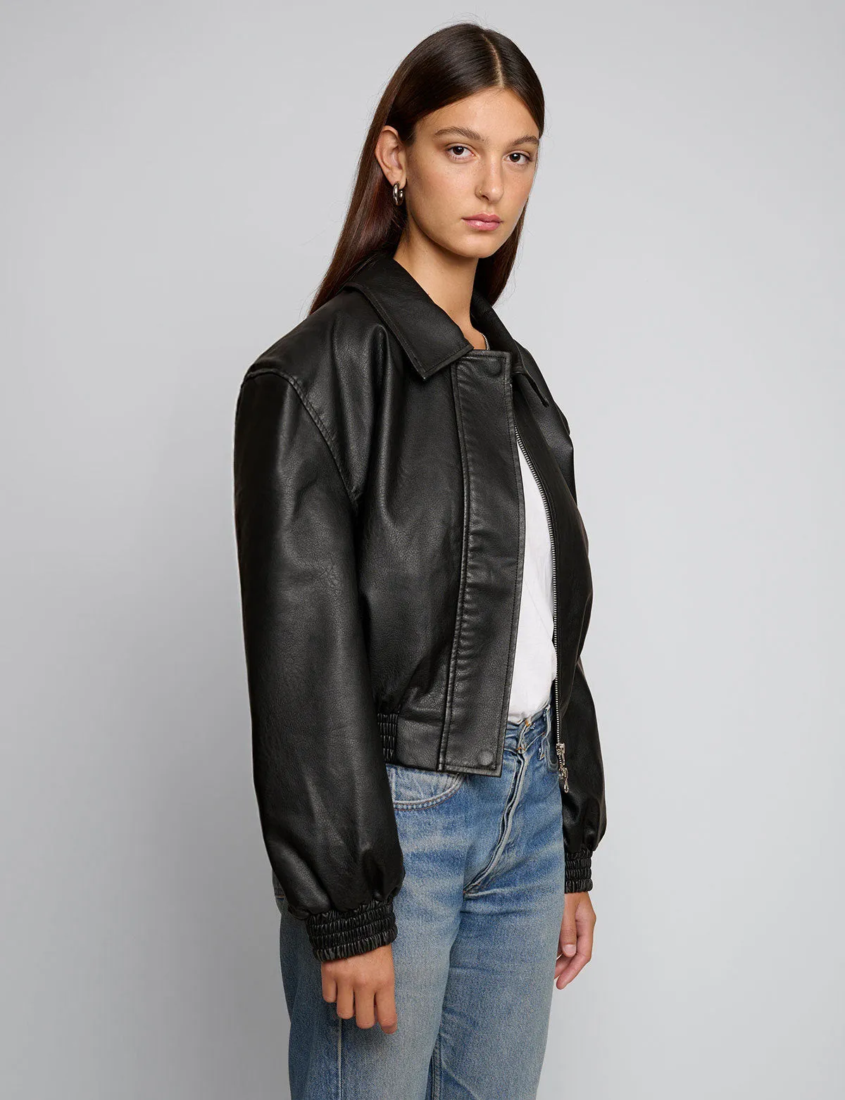 Padded Crop Black Leather Jacket