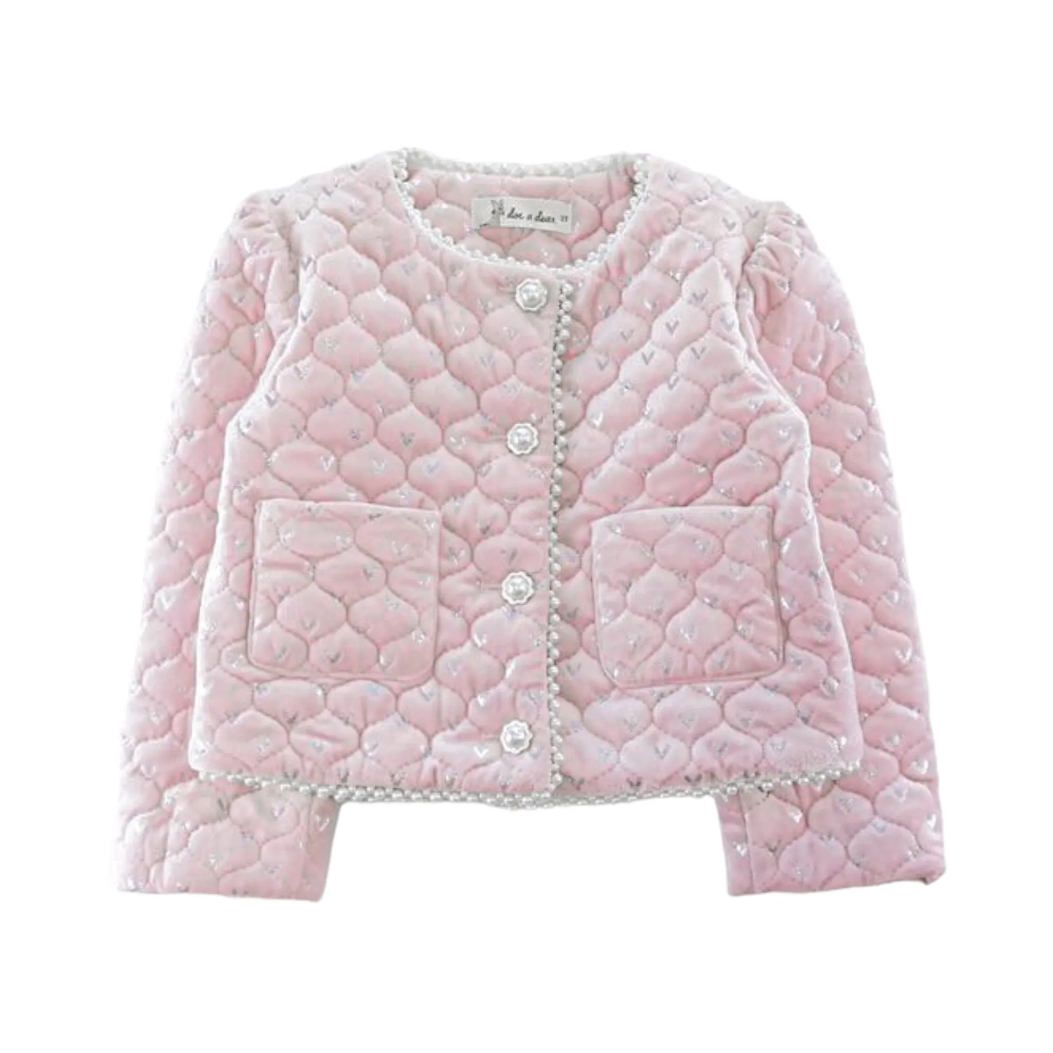 Pearl Trim Velvet Quilted Jacket - Pink