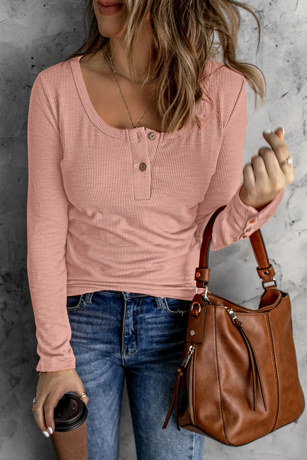 Pink Ribbed Scoop Neck Casual Long Sleeve Henley Shirt for Women