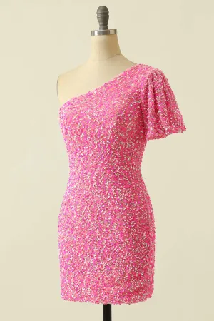 Pink Sequin One-Sleeve Bodycon Homecoming Dress