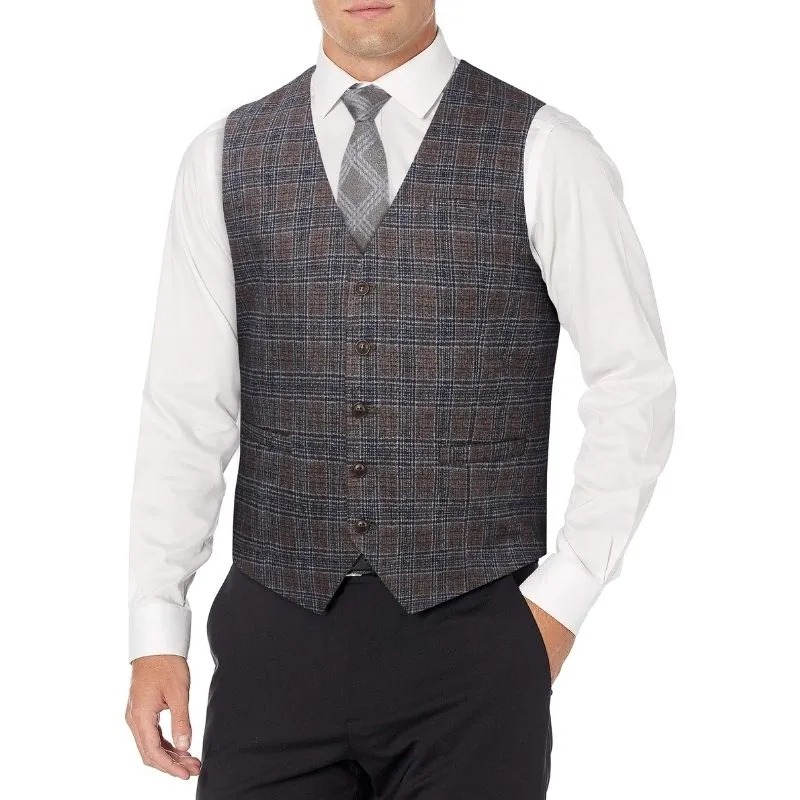 Plaid Slim Suit Vest - B4-LIGHT BROWN