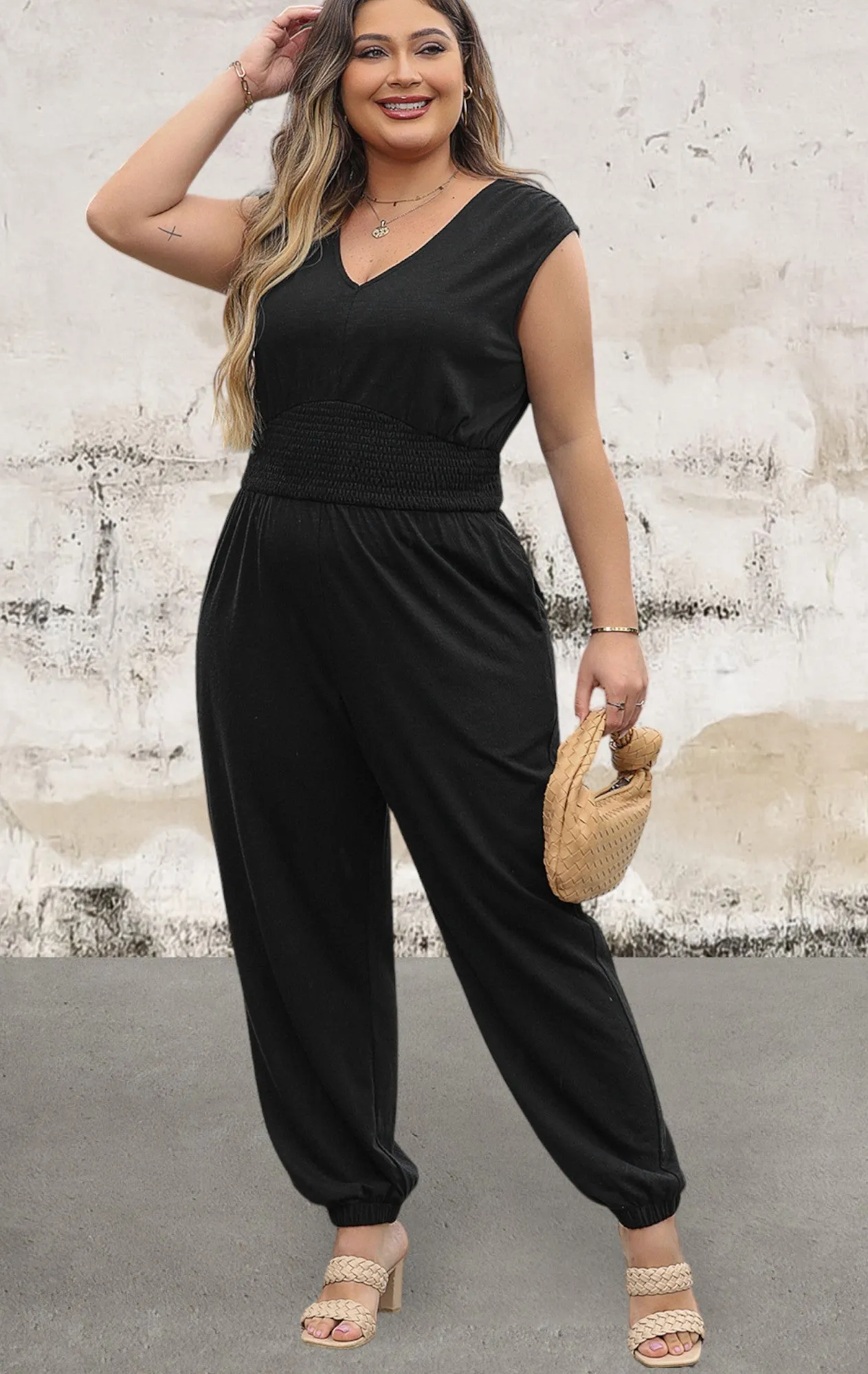 Plus Size Smocked High Waist Sleeveless V Neck Jumpsuit