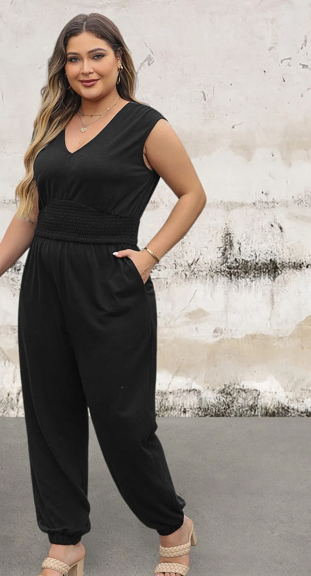 Plus Size Smocked High Waist Sleeveless V Neck Jumpsuit