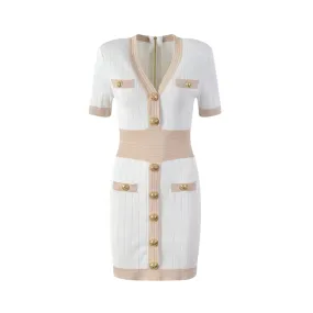 Pre Order:  Gold Buckle V-Neck Hip Hugging Knitted Dress