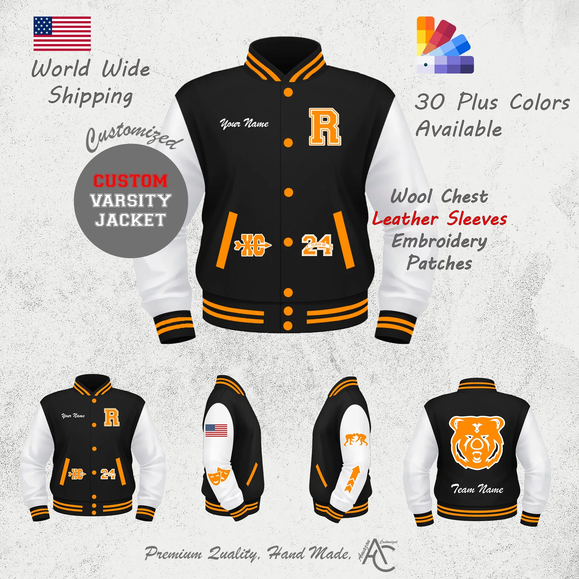 Premium Letter Custom Varsity Letterman Jackets For Men with Genuine Cowhide Leather Sleeves - Black White Orange