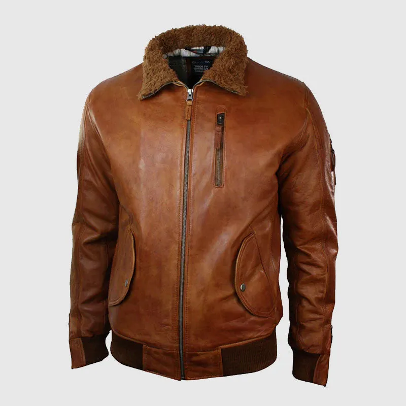 Premium Quality Mens Real Leather Hood Fur Jacket Bomber Aviator Vintage Brown Retro-XL-Tan