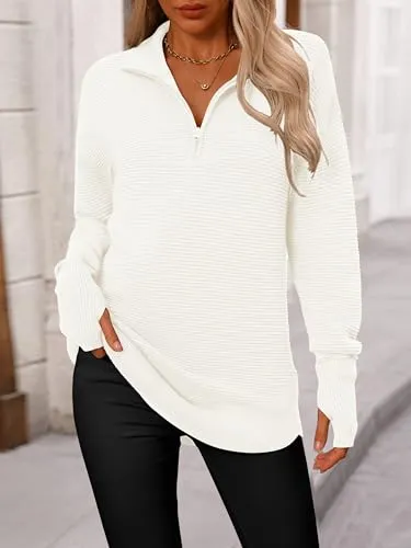 PRETTYGARDEN Womens Long Sleeve Quarter Zip Pullover Sweater Casual Loose V Neck Collared Ribbed Knit Jumper Tops Thumb Hole(Beige White,X-Large)