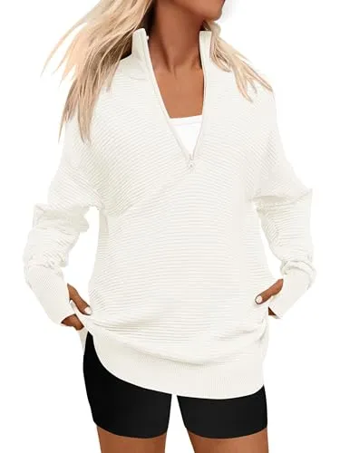 PRETTYGARDEN Womens Long Sleeve Quarter Zip Pullover Sweater Casual Loose V Neck Collared Ribbed Knit Jumper Tops Thumb Hole(Beige White,X-Large)