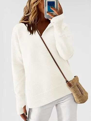 PRETTYGARDEN Womens Long Sleeve Quarter Zip Pullover Sweater Casual Loose V Neck Collared Ribbed Knit Jumper Tops Thumb Hole(Beige White,X-Large)