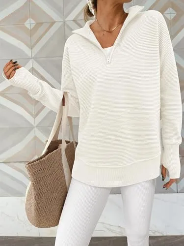 PRETTYGARDEN Womens Long Sleeve Quarter Zip Pullover Sweater Casual Loose V Neck Collared Ribbed Knit Jumper Tops Thumb Hole(Beige White,X-Large)