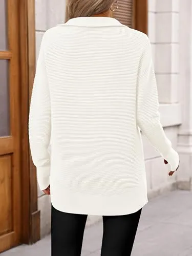 PRETTYGARDEN Womens Long Sleeve Quarter Zip Pullover Sweater Casual Loose V Neck Collared Ribbed Knit Jumper Tops Thumb Hole(Beige White,X-Large)