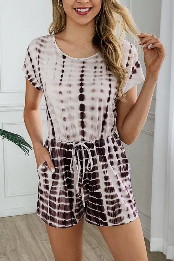 Printed Round-collar Short Sleeve Drawstring Waist Jumpsuit