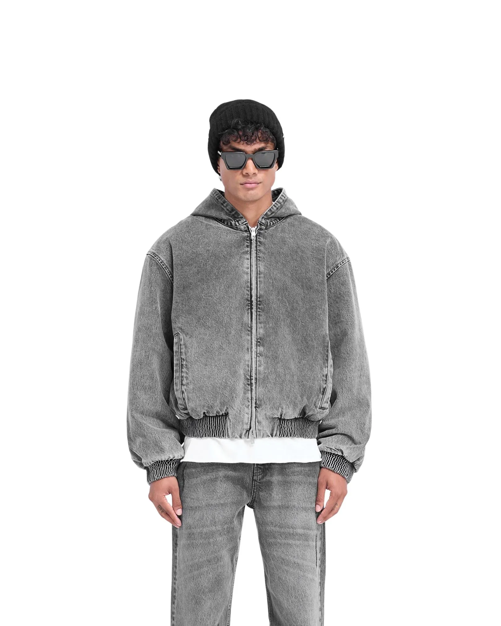 R5 Hooded Denim Bomber - Charcoal Grey