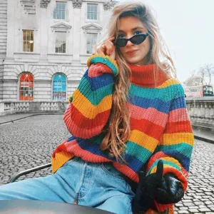 Rainbow Striped Turtleneck Bohemian Sweater