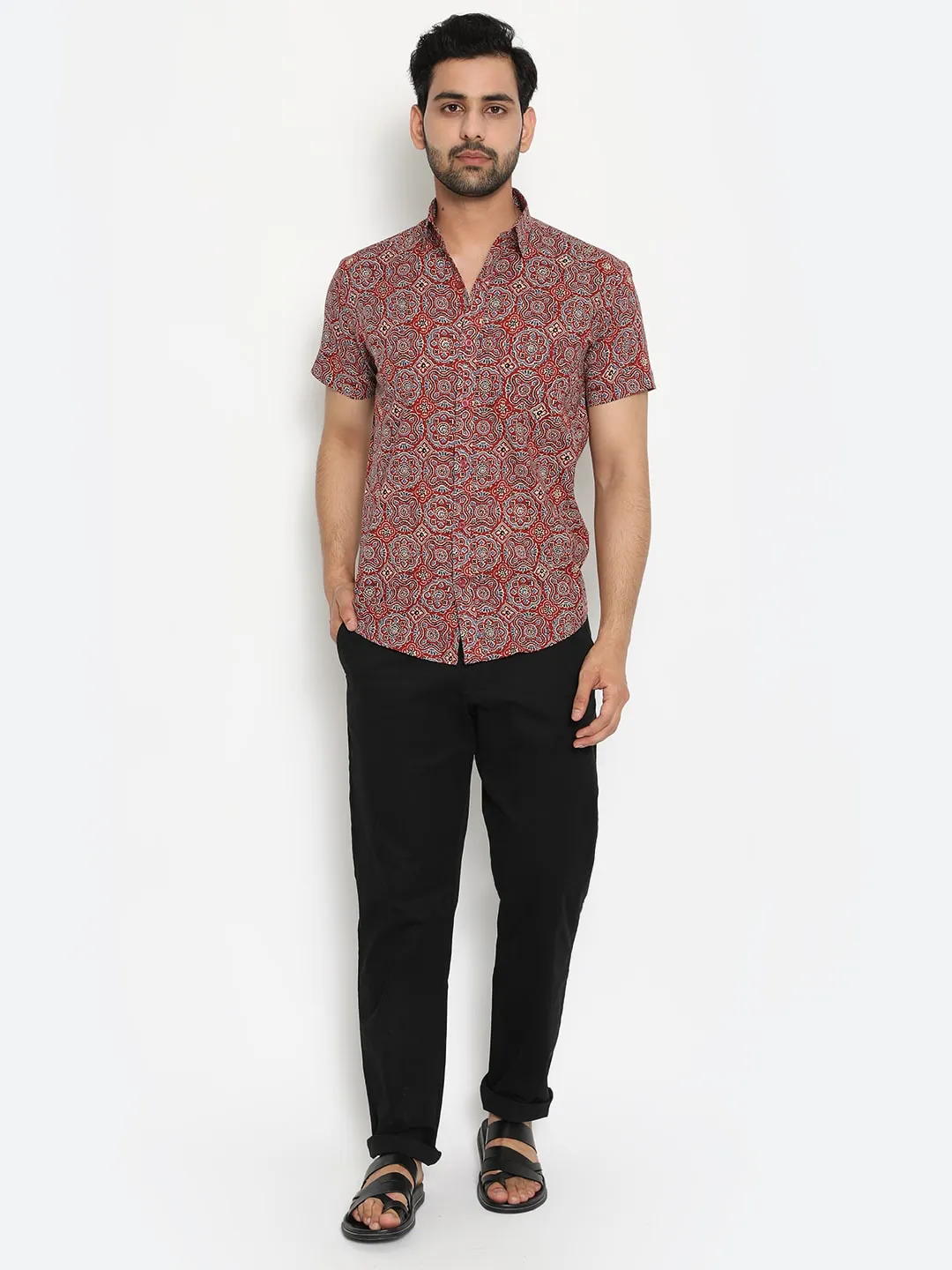 Red Cotton Short Sleeve Hand Block Printed Men's Shirt