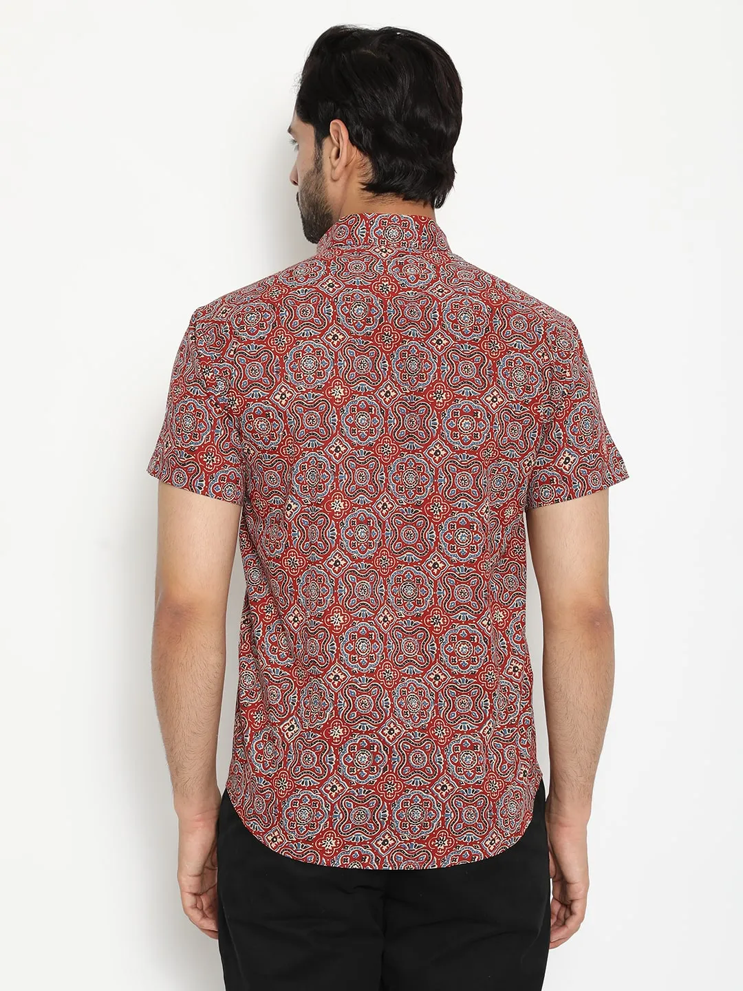 Red Cotton Short Sleeve Hand Block Printed Men's Shirt