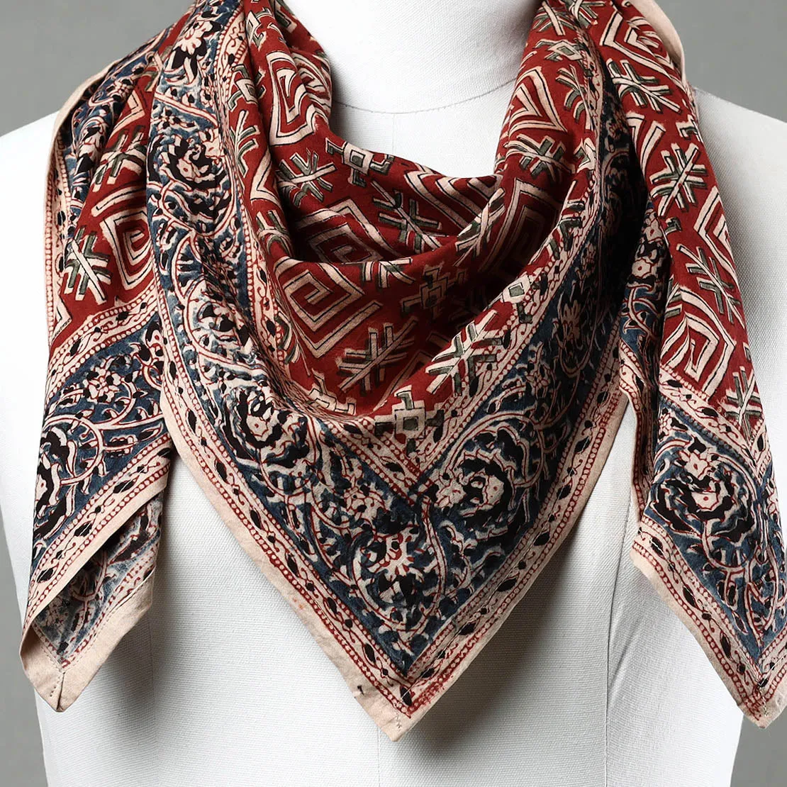 Red - Pedana Kalamkari Block Printed Natural Dyed Cotton Scarf 58