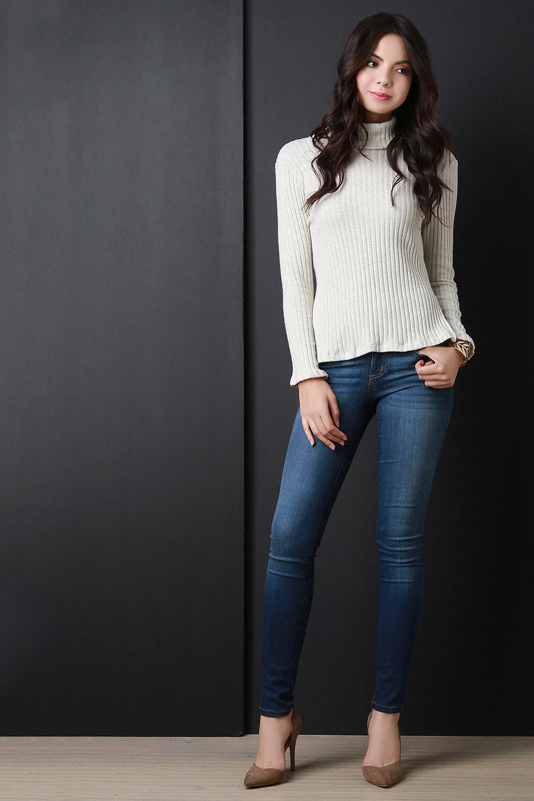 Ribbed Knit Turtleneck Slit Sweater Top