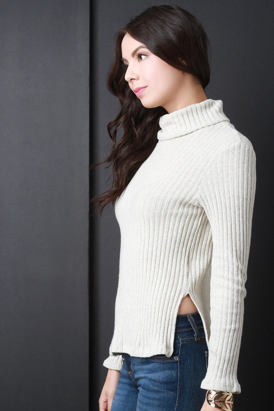 Ribbed Knit Turtleneck Slit Sweater Top