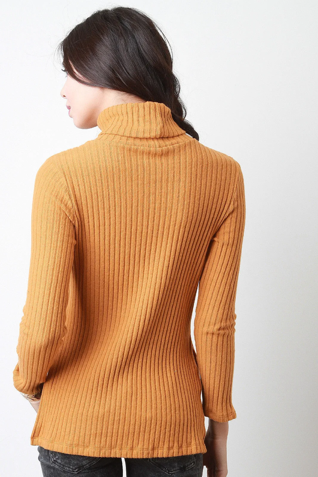 Ribbed Knit Turtleneck Slit Sweater Top