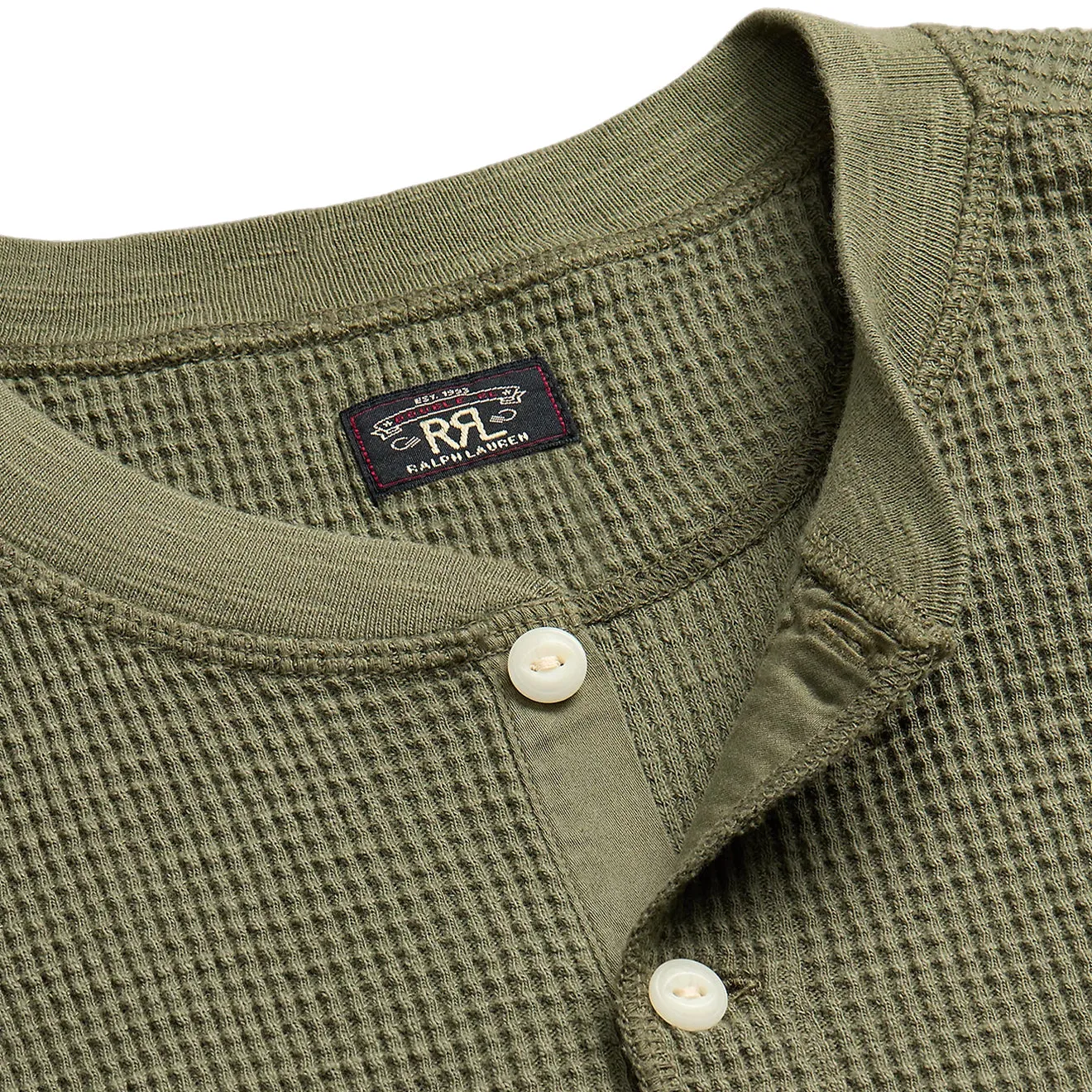 RRL by Ralph Lauren Garment-Dyed Waffle-Knit Henley Shirt Olive