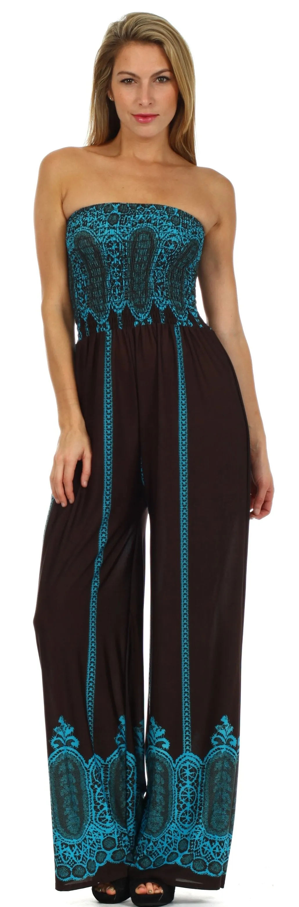 Sakkas Fleur de Paisley Smocked Tube Top Wide Leg Jumpsuit