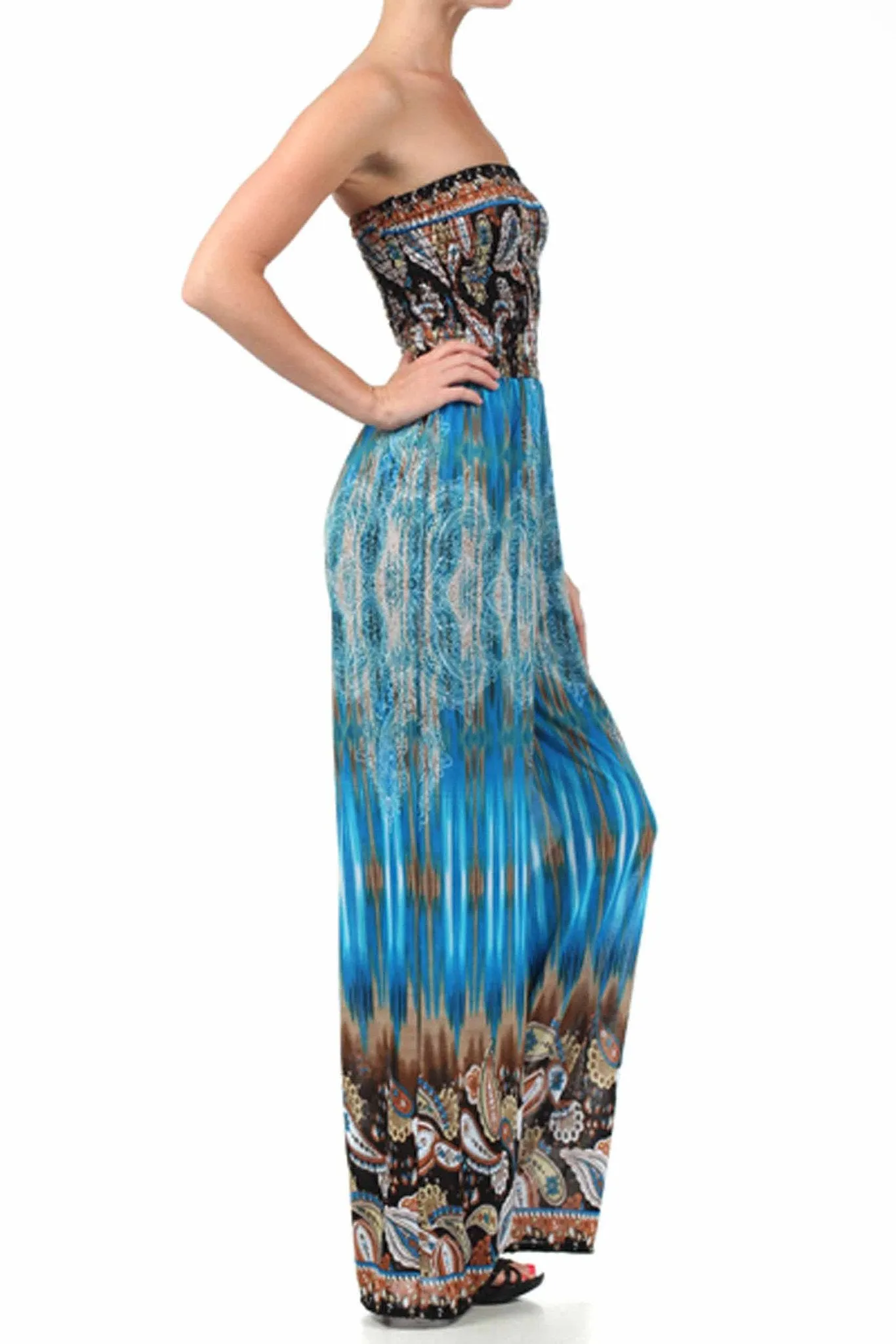 Sakkas Paisley Smocked Tube Top Wide Leg Jumpsuit