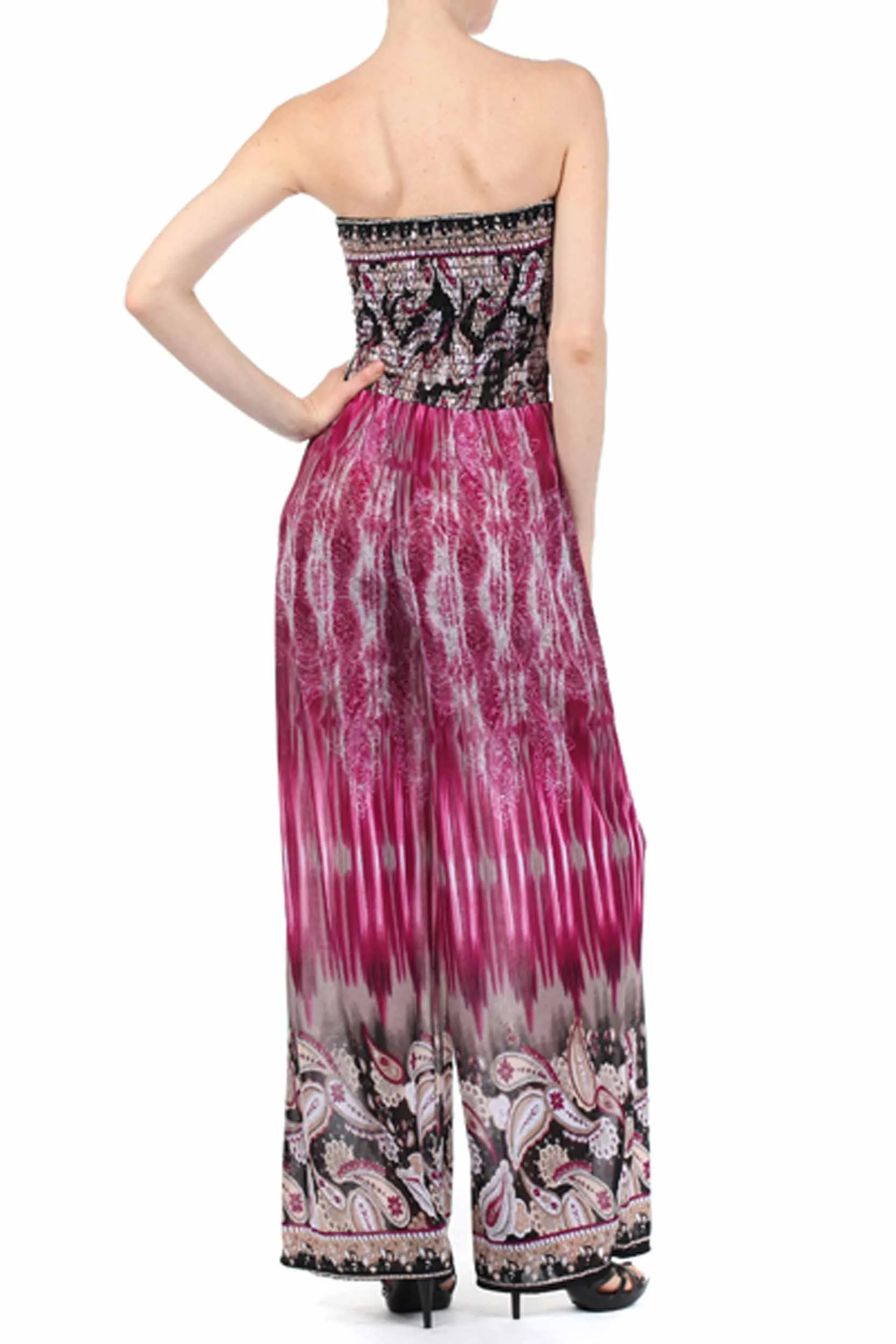 Sakkas Paisley Smocked Tube Top Wide Leg Jumpsuit