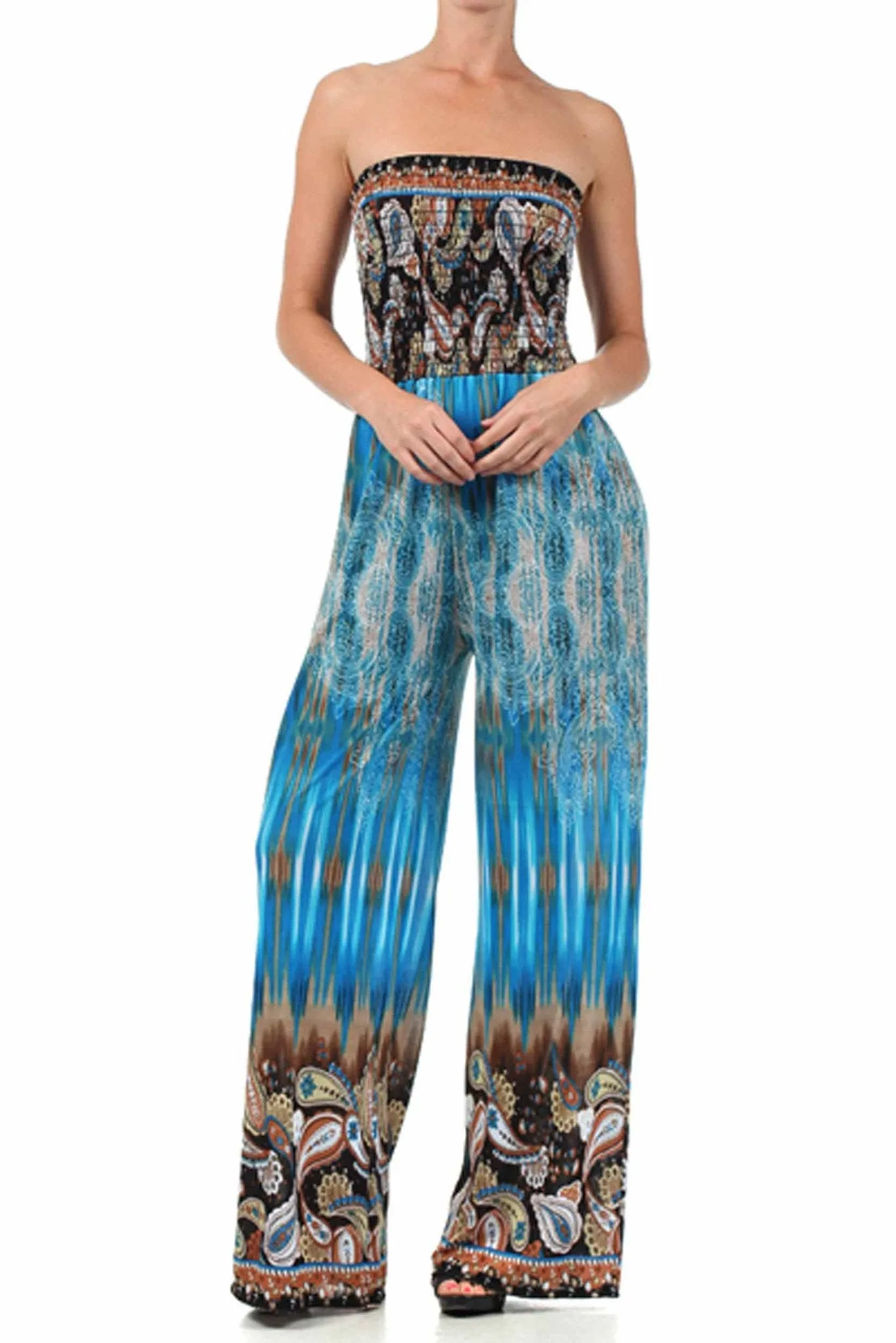 Sakkas Paisley Smocked Tube Top Wide Leg Jumpsuit