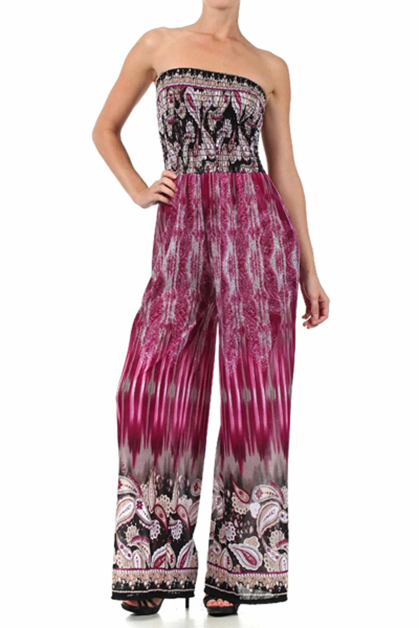 Sakkas Paisley Smocked Tube Top Wide Leg Jumpsuit