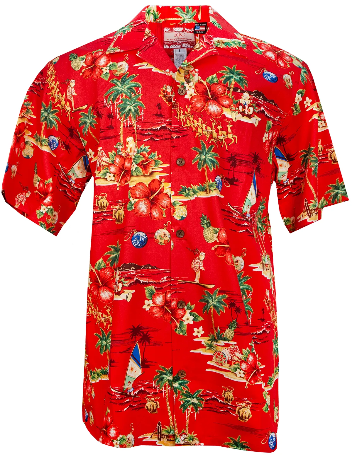 Santa's Tropical Vacation Mens Christmas Shirt in Red