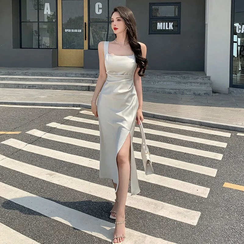 sealbeer Summer Fashion Women Elegant White Satin French Dress Sexy Square Collar Silk Long Bodycon Dress Wedding Cocktail Prom Dresses