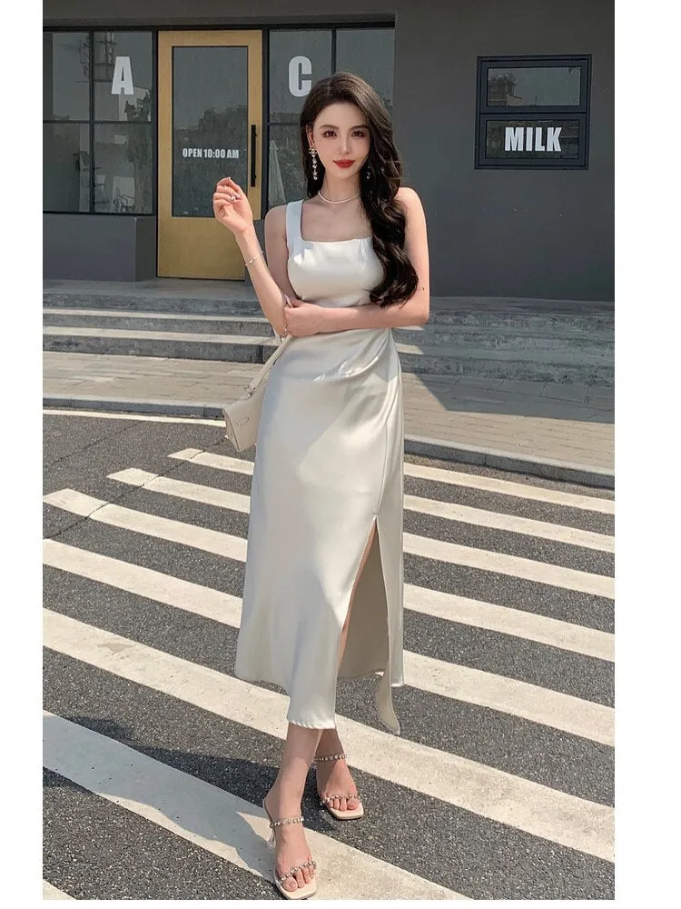 sealbeer Summer Fashion Women Elegant White Satin French Dress Sexy Square Collar Silk Long Bodycon Dress Wedding Cocktail Prom Dresses