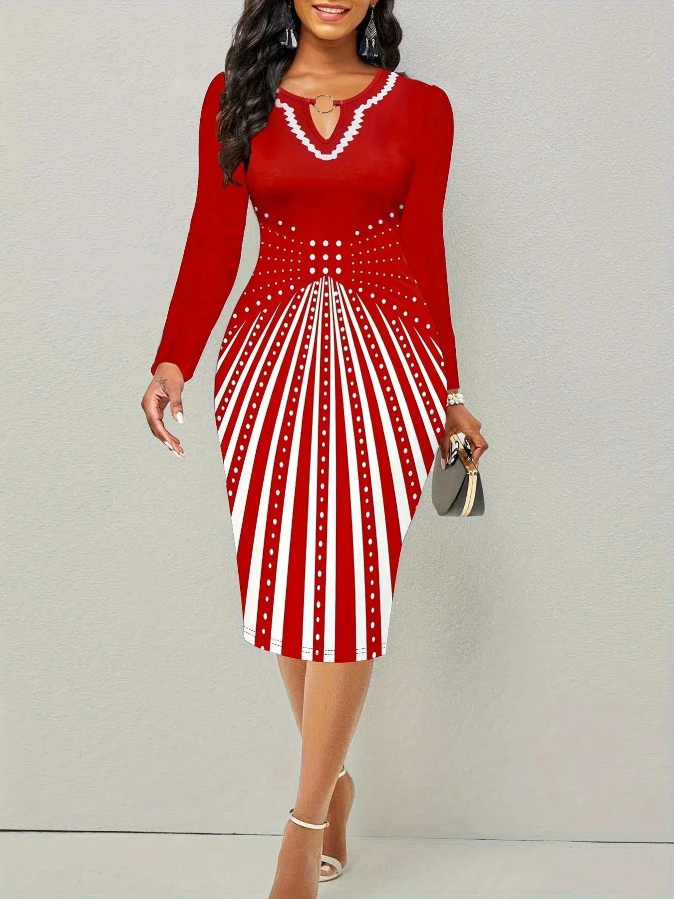 Secret Elegance: Geometric Pattern Long Sleeve Bodycon Dress